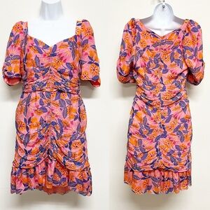 SAYLOR Womens Pink Floral Ruched Puff Sleeve Ruffle Joelene Mini Dress Size L